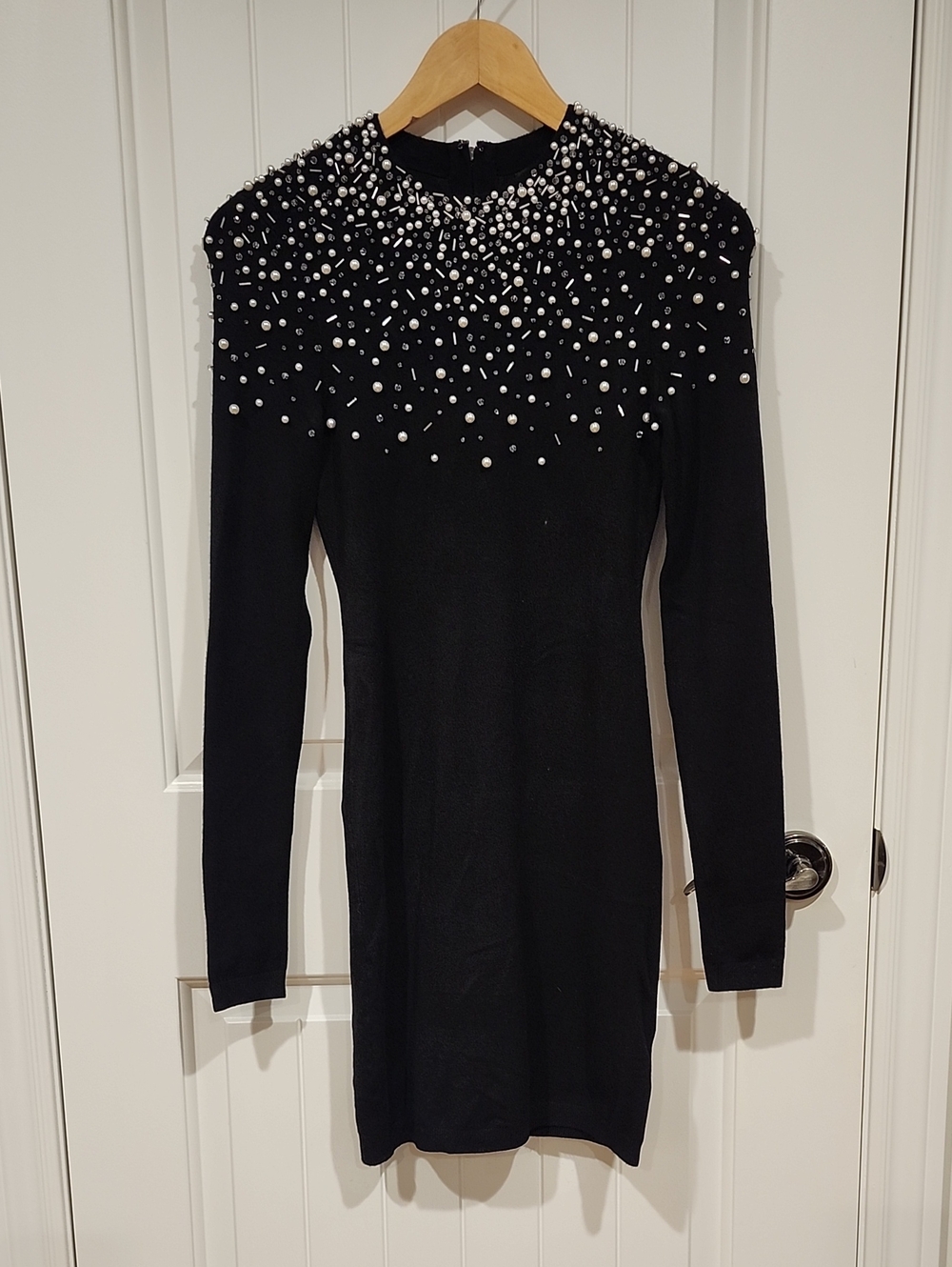 Marciano Black Long-Sleeve Bodycon Dress with Pearl & Stud Embellishment